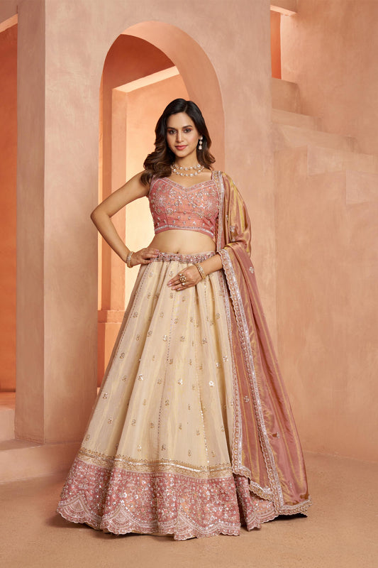 Cream & Peach Kanjeevaram Tissue Sequins & Bead Embroidered Bridesmaid Lehenga