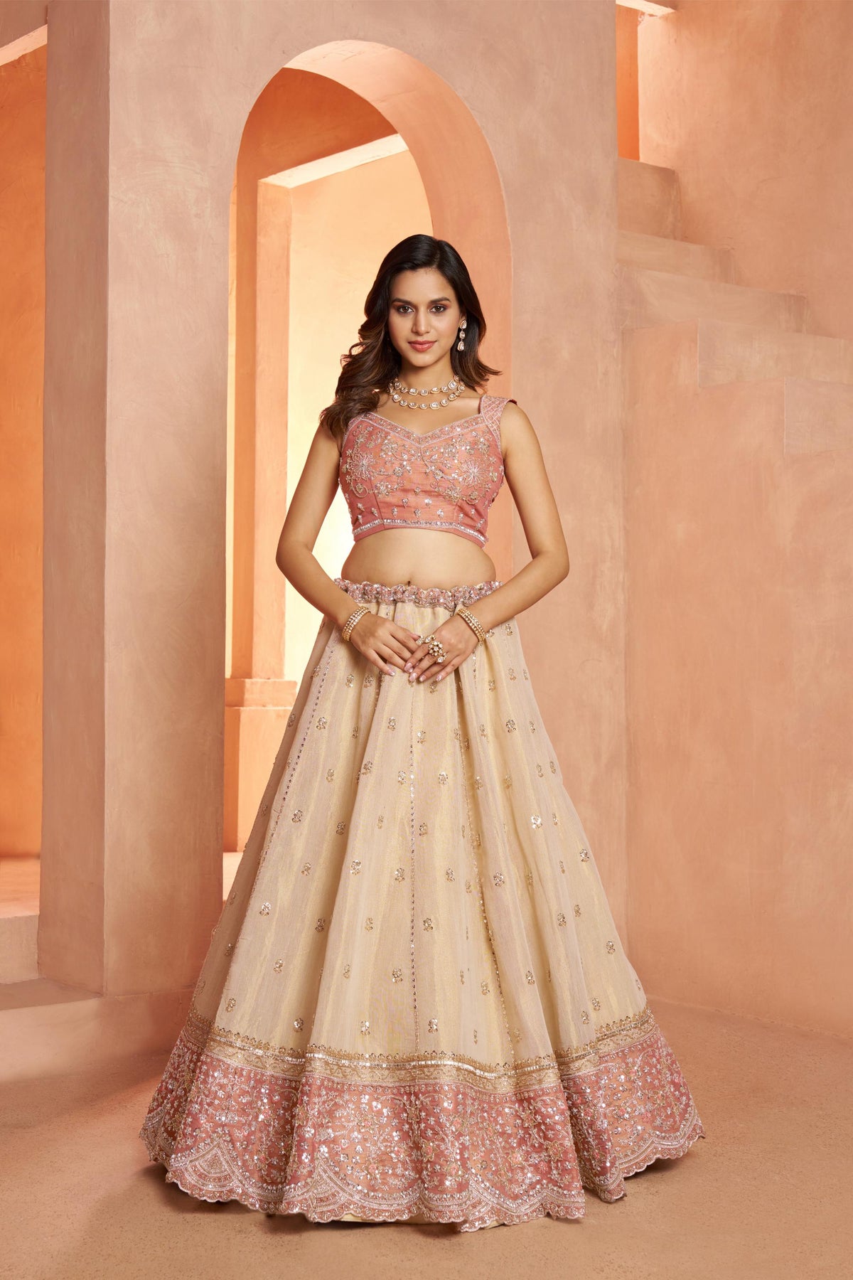Cream & Peach Kanjeevaram Tissue Sequins & Bead Embroidered Bridesmaid Lehenga