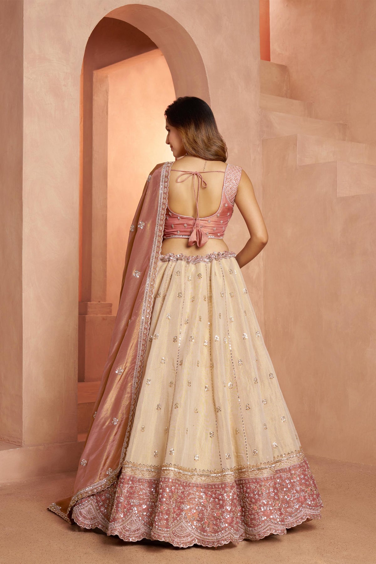 Cream & Peach Kanjeevaram Tissue Sequins & Bead Embroidered Bridesmaid Lehenga