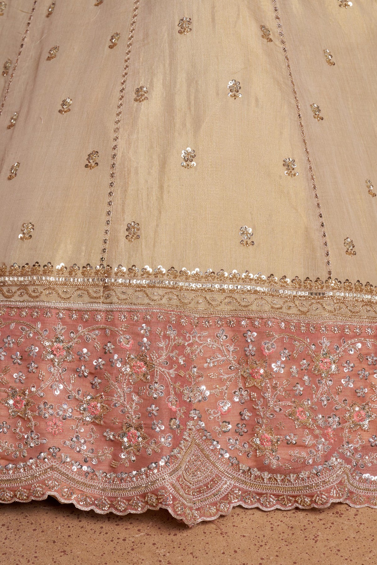Cream & Peach Kanjeevaram Tissue Sequins & Bead Embroidered Bridesmaid Lehenga