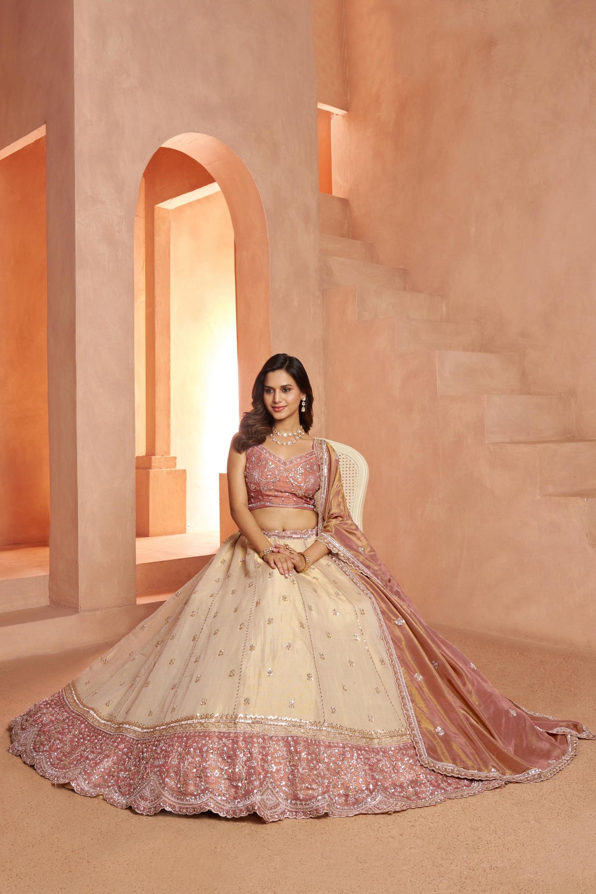 Cream & Peach Kanjeevaram Tissue Sequins & Bead Embroidered Bridesmaid Lehenga
