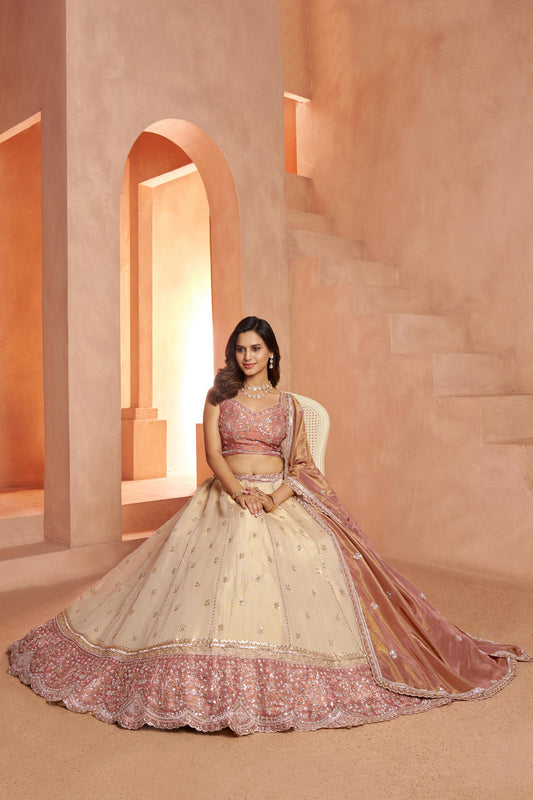 Cream & Peach Kanjeevaram Tissue Sequins & Bead Embroidered Bridesmaid Lehenga