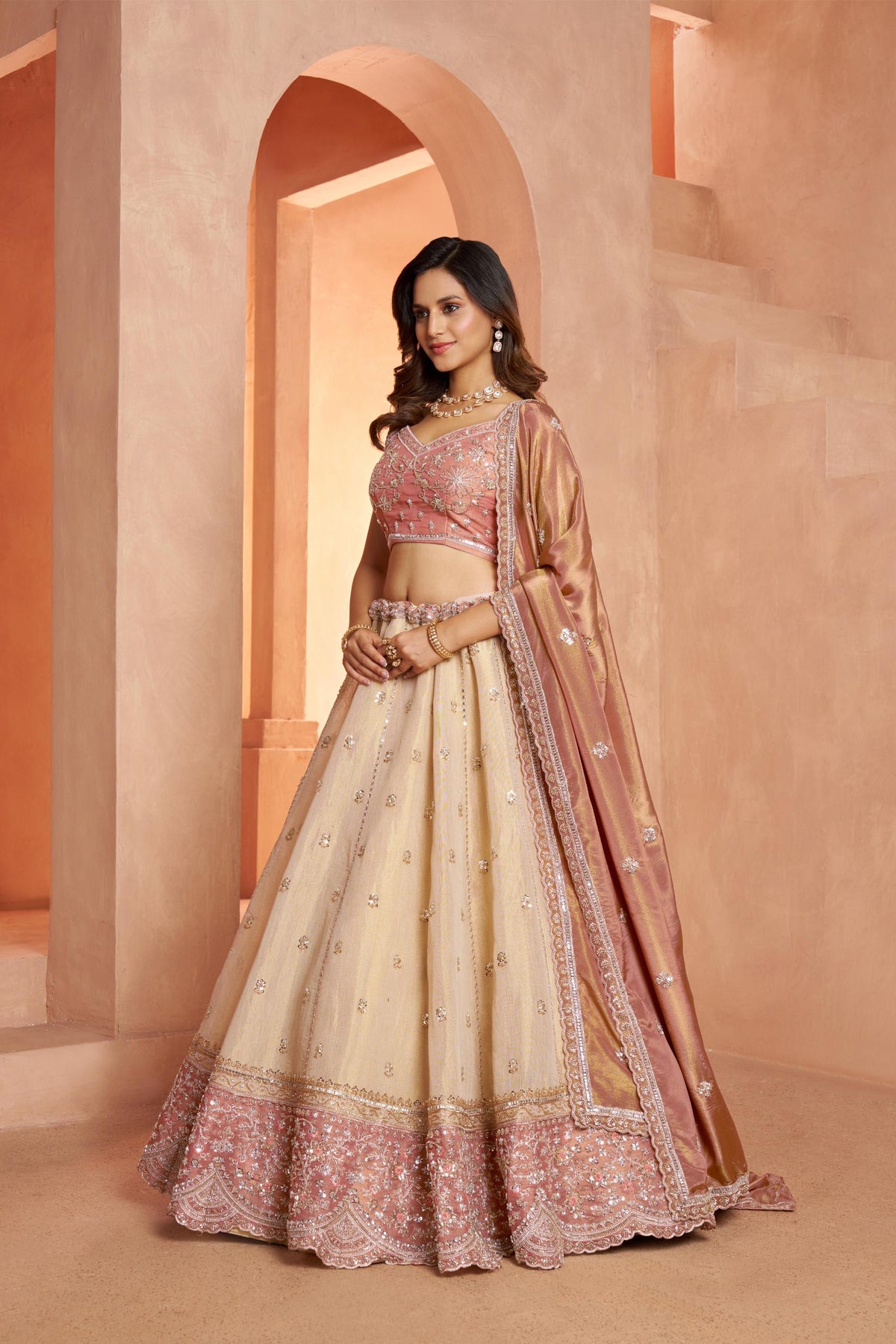 Cream & Peach Kanjeevaram Tissue Sequins & Bead Embroidered Bridesmaid Lehenga