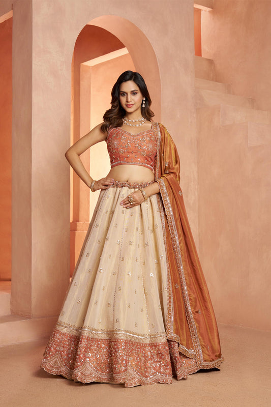 Cream & Rust Orange Kanjeevaram Tissue Sequins & Bead Embroidered Bridesmaid Lehenga