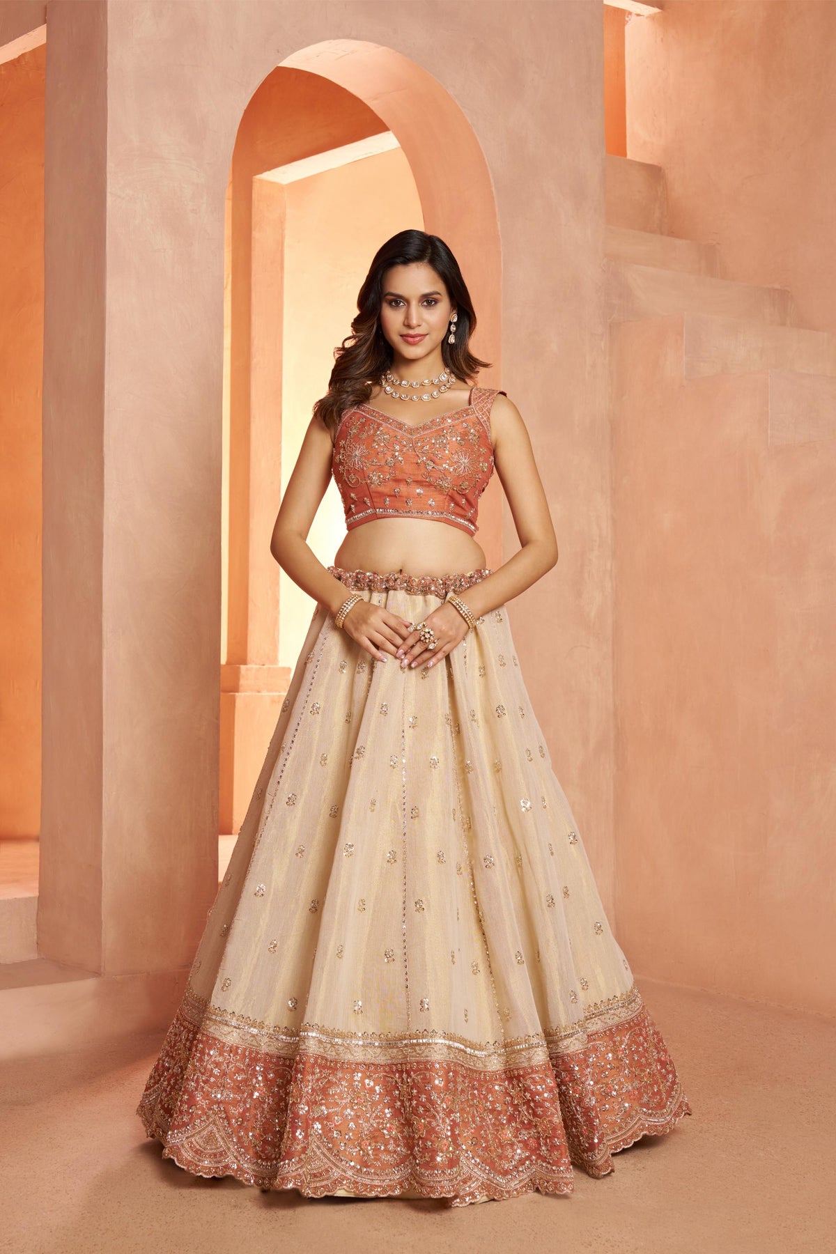 Cream & Rust Orange Kanjeevaram Tissue Sequins & Bead Embroidered Bridesmaid Lehenga