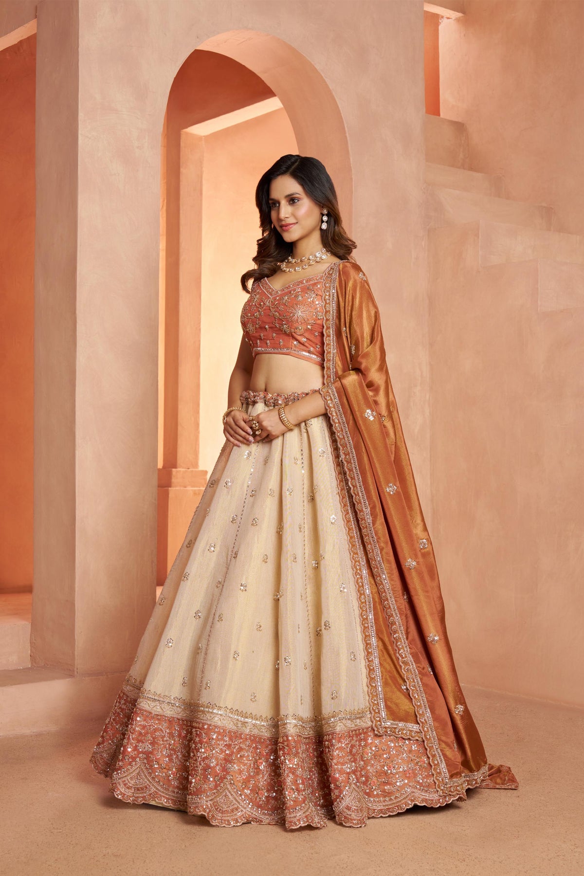 Cream & Rust Orange Kanjeevaram Tissue Sequins & Bead Embroidered Bridesmaid Lehenga