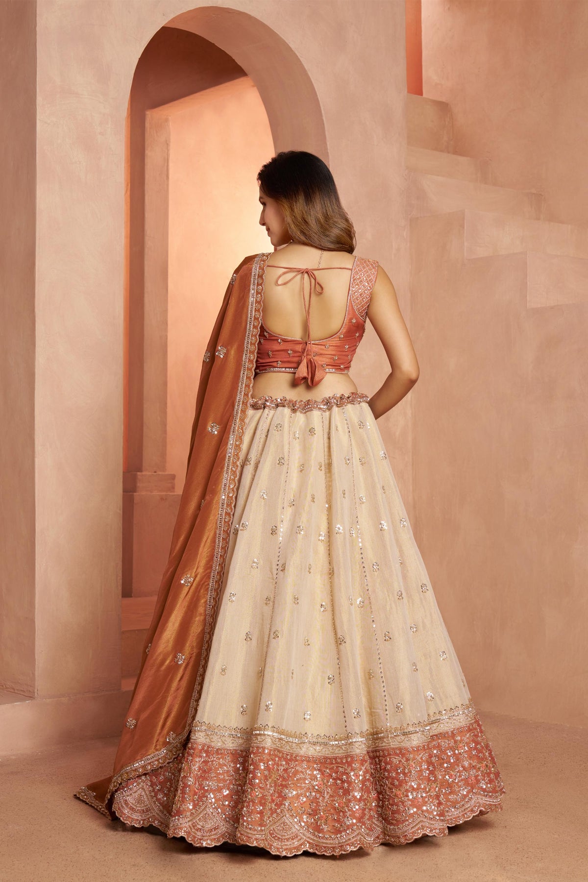 Cream & Rust Orange Kanjeevaram Tissue Sequins & Bead Embroidered Bridesmaid Lehenga