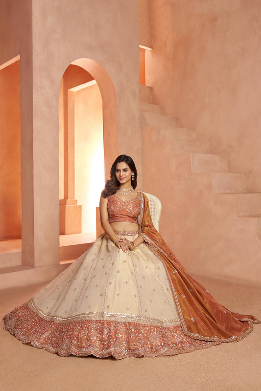 Cream & Rust Orange Kanjeevaram Tissue Sequins & Bead Embroidered Bridesmaid Lehenga