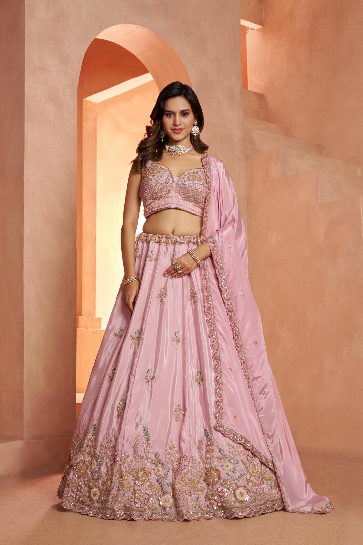 Pink Art Silk Cut dana and Resham Embroidered Engagement Lehenga
