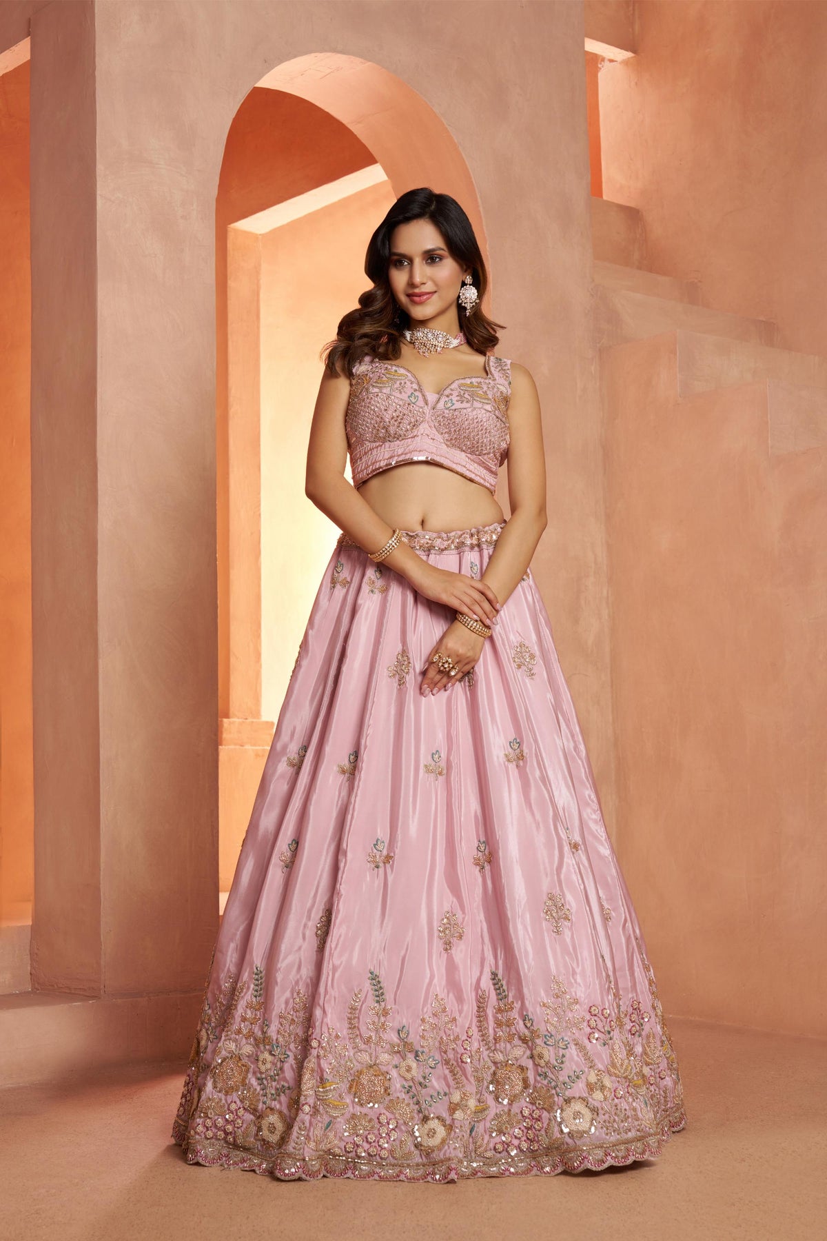 Pink Art Silk Cut dana and Resham Embroidered Engagement Lehenga