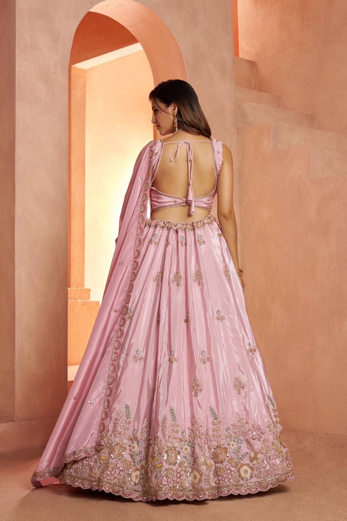 Pink Art Silk Cut dana and Resham Embroidered Engagement Lehenga
