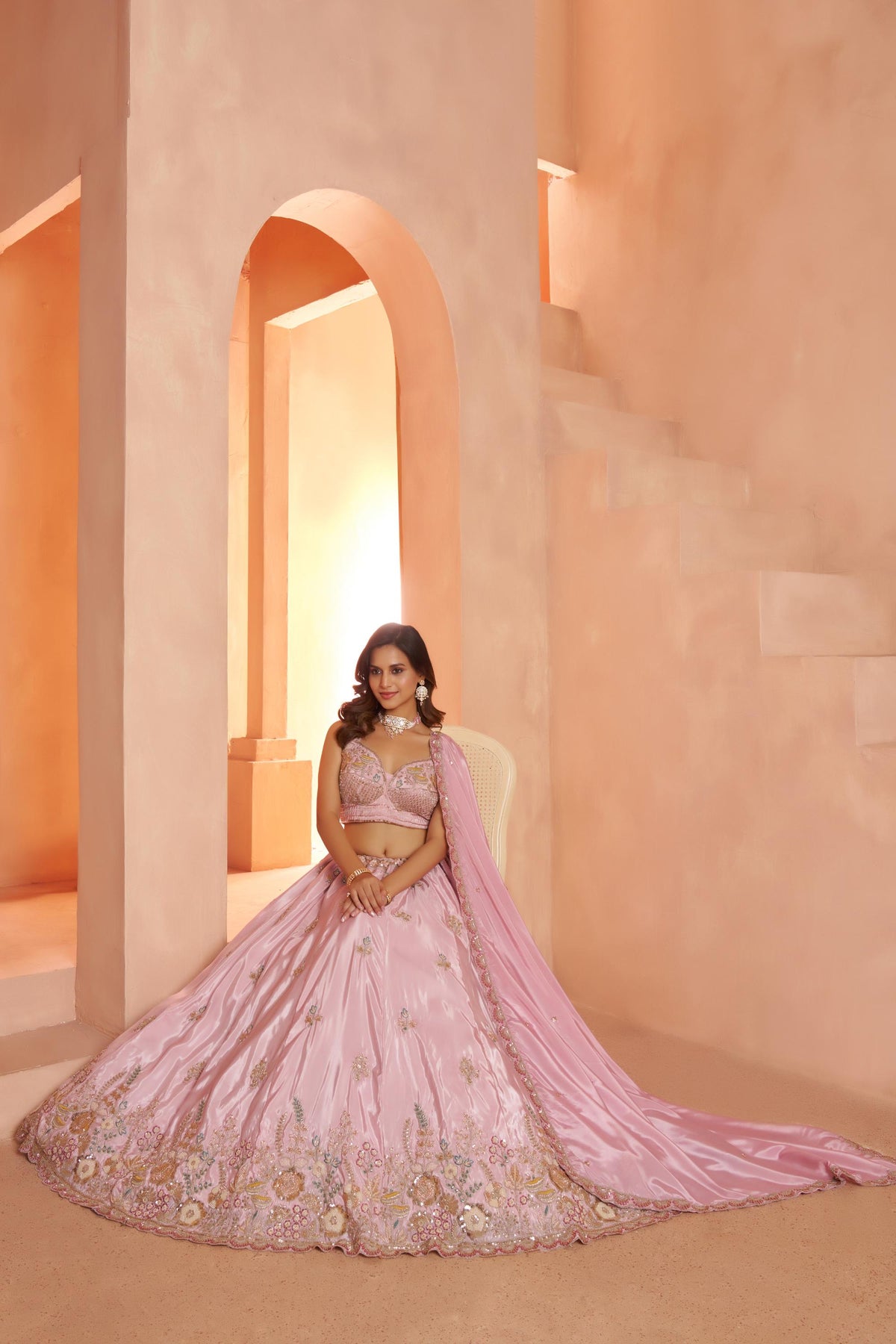 Pink Art Silk Cut dana and Resham Embroidered Engagement Lehenga