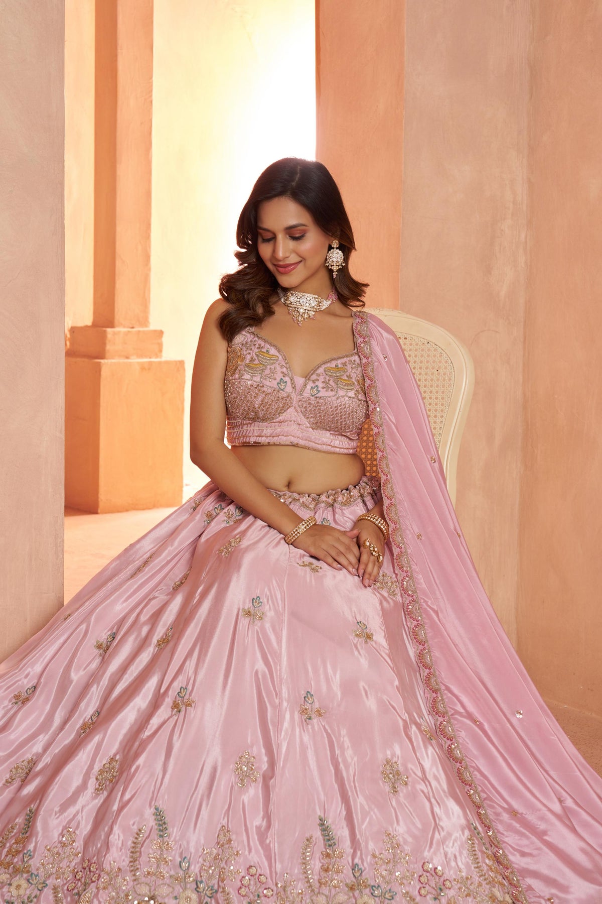 Pink Art Silk Cut dana and Resham Embroidered Engagement Lehenga