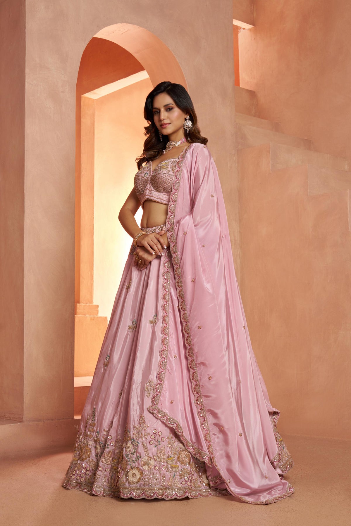 Pink Art Silk Cut dana and Resham Embroidered Engagement Lehenga