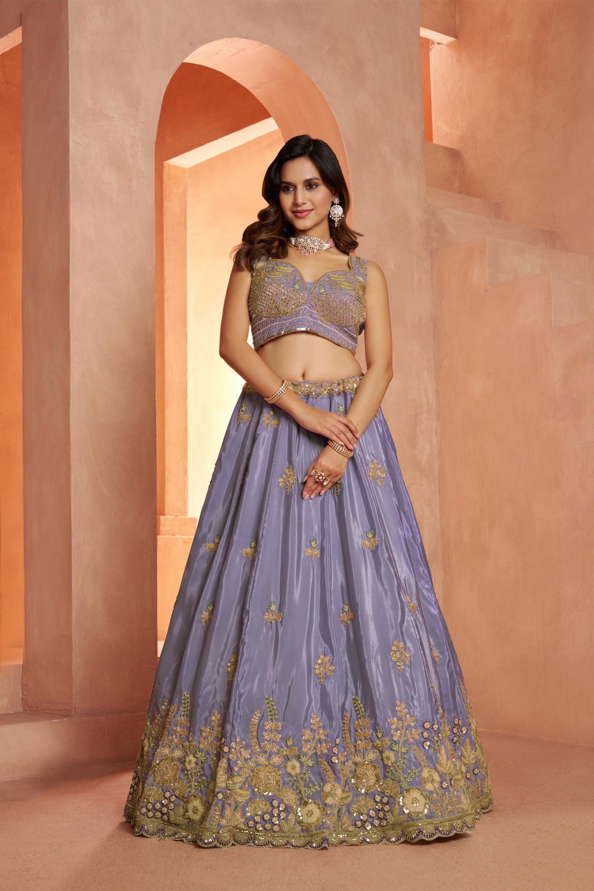 Purple Art Silk Cut dana and Resham Embroidered Wedding Guest Lehenga