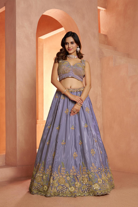 Purple Art Silk Cut dana and Resham Embroidered Wedding Guest Lehenga