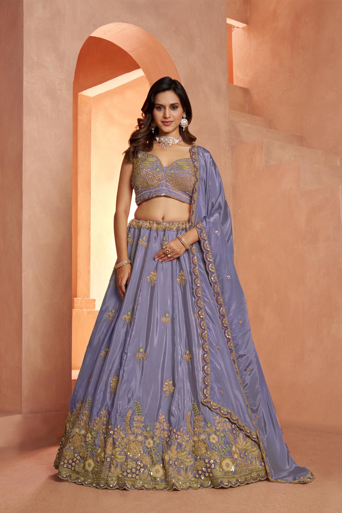 Purple Art Silk Cut dana and Resham Embroidered Wedding Guest Lehenga