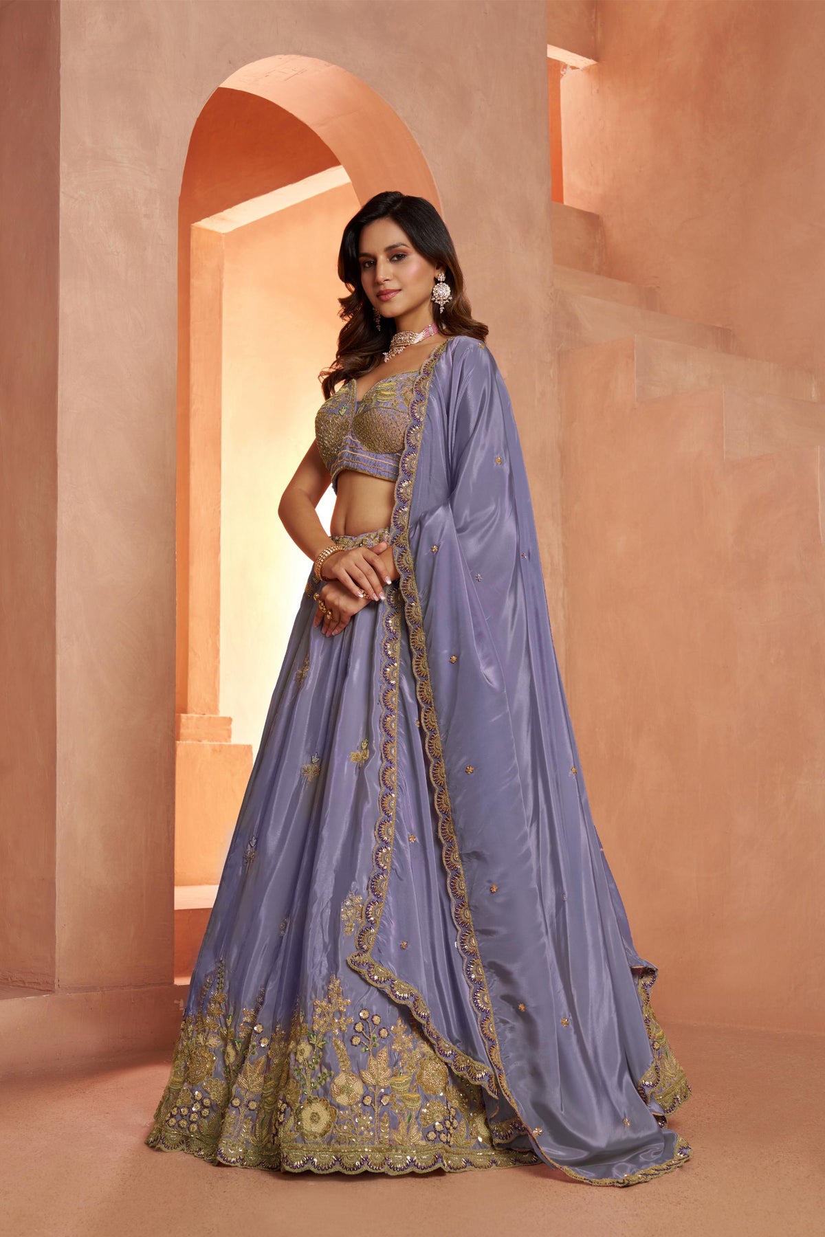 Purple Art Silk Cut dana and Resham Embroidered Wedding Guest Lehenga