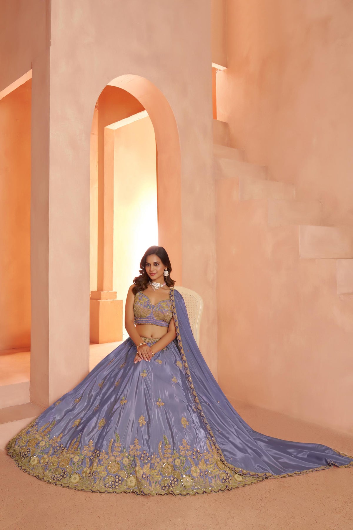Purple Art Silk Cut dana and Resham Embroidered Wedding Guest Lehenga