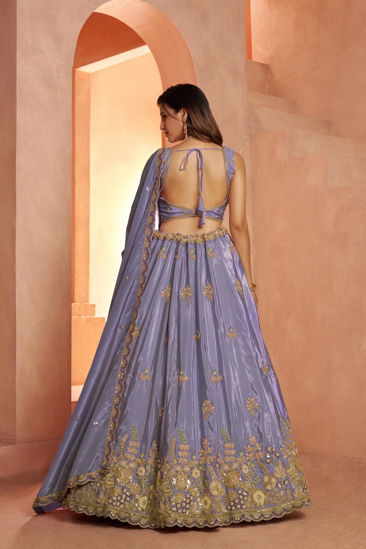 Purple Art Silk Cut dana and Resham Embroidered Wedding Guest Lehenga