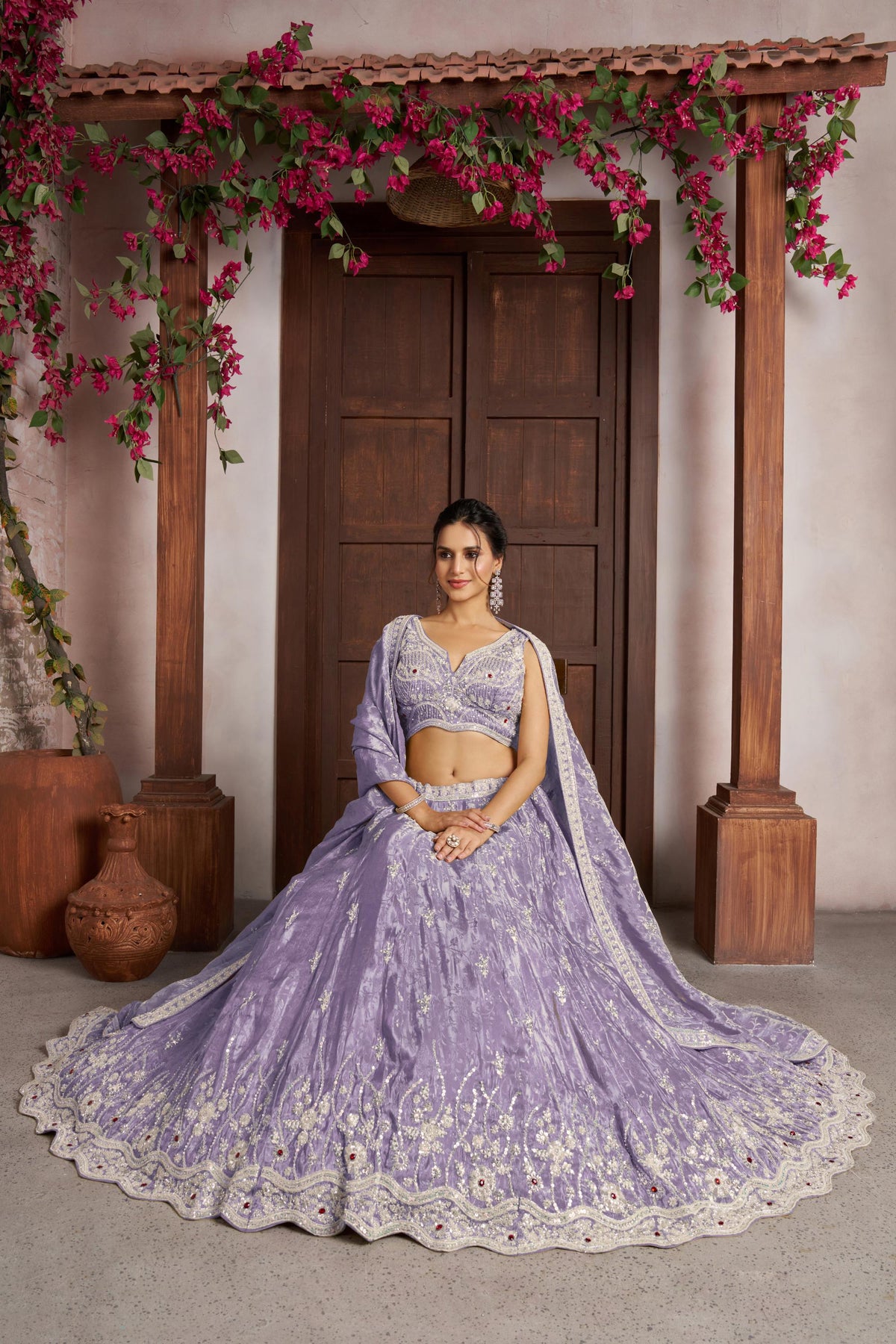 Purple Zari Tissue Beaded & Thread Embroidered Sangeet Lehenga for Bride