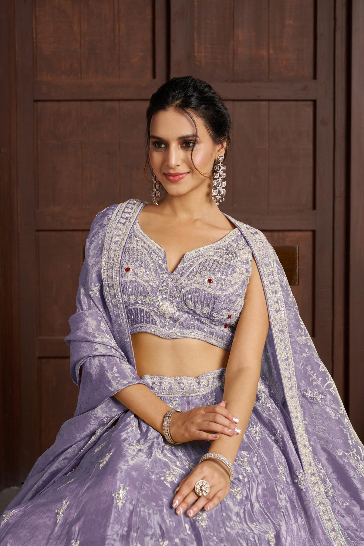 Purple Zari Tissue Beaded & Thread Embroidered Sangeet Lehenga for Bride