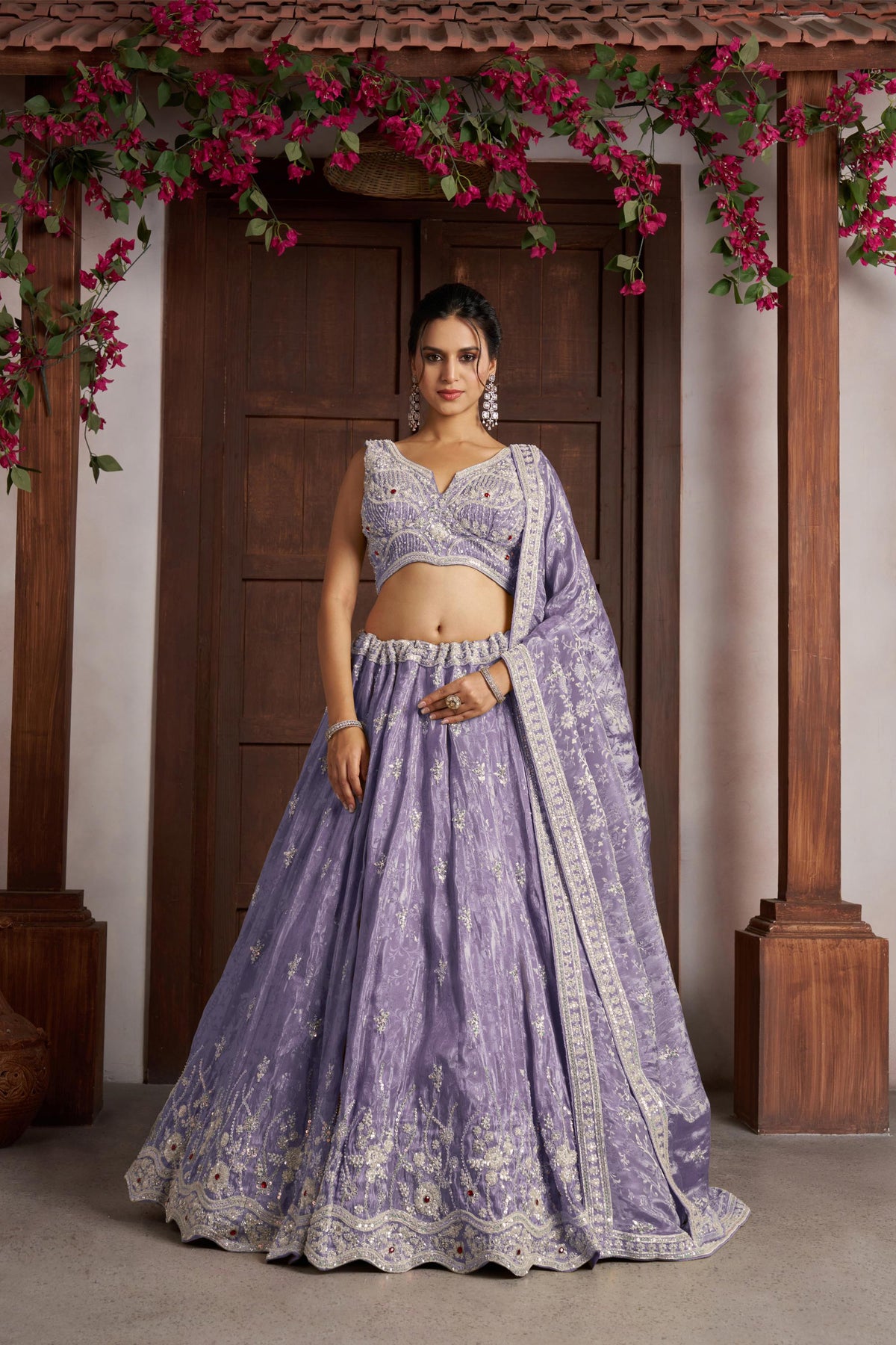 Purple Zari Tissue Beaded & Thread Embroidered Sangeet Lehenga for Bride