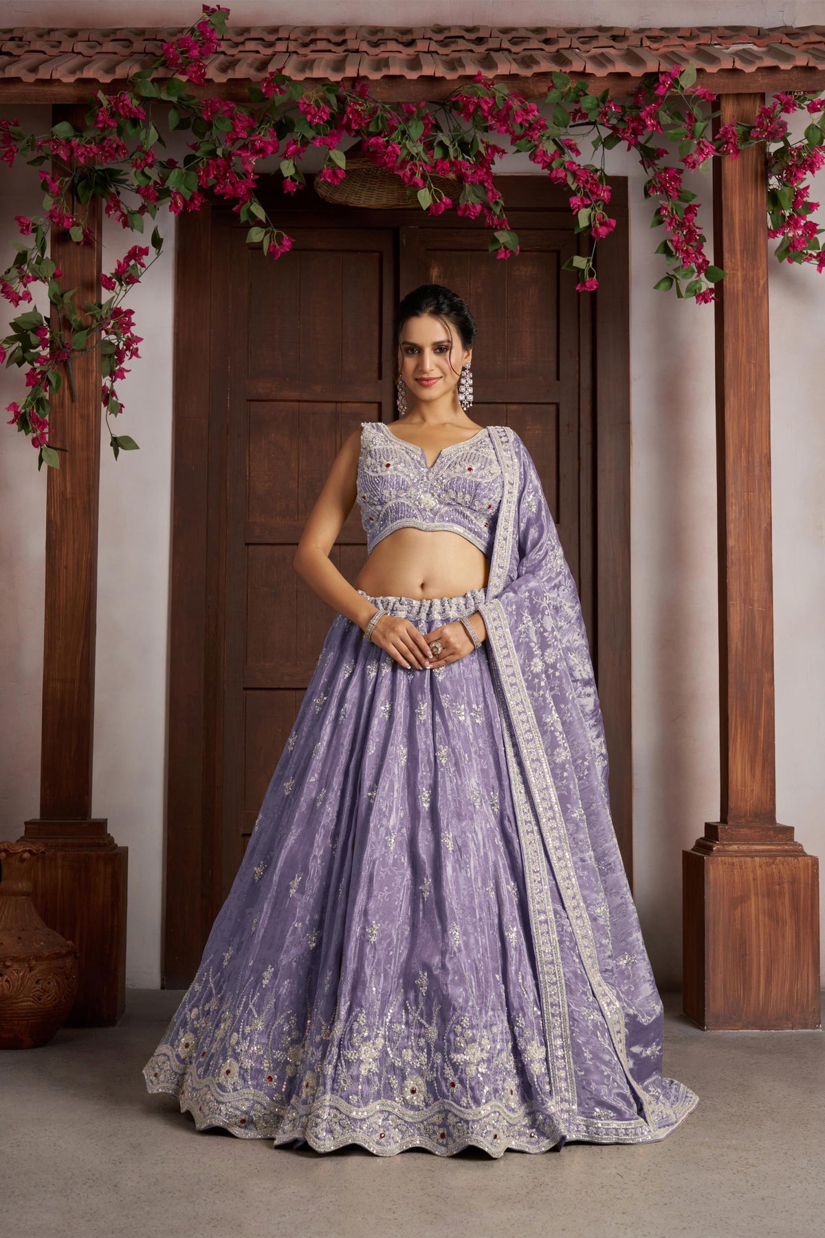 Purple Zari Tissue Beaded & Thread Embroidered Sangeet Lehenga for Bride