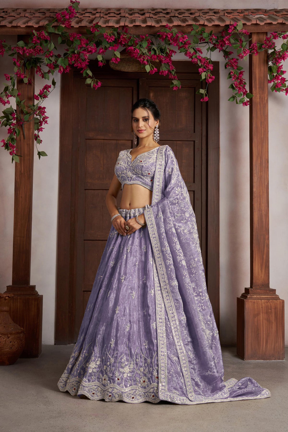 Purple Zari Tissue Beaded & Thread Embroidered Sangeet Lehenga for Bride