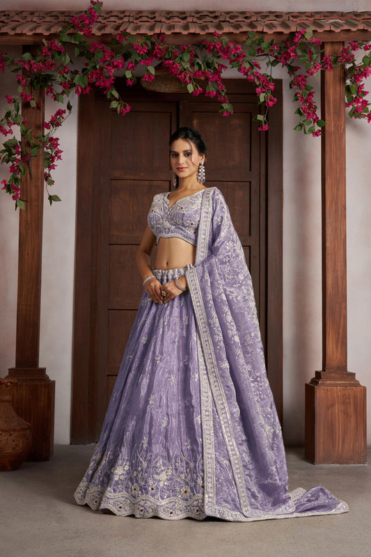 Purple Zari Tissue Beaded & Thread Embroidered Sangeet Lehenga for Bride