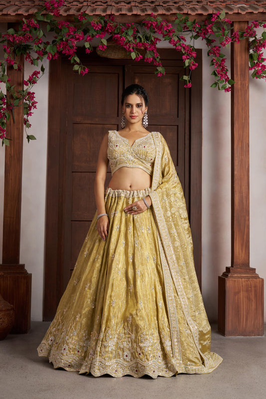 Yellow Zari Tissue Beaded & Thread Embroidered Haldi Lehenga for Bride