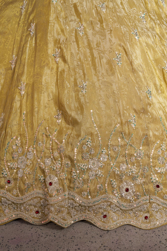 Yellow Zari Tissue Beaded & Thread Embroidered Haldi Lehenga for Bride