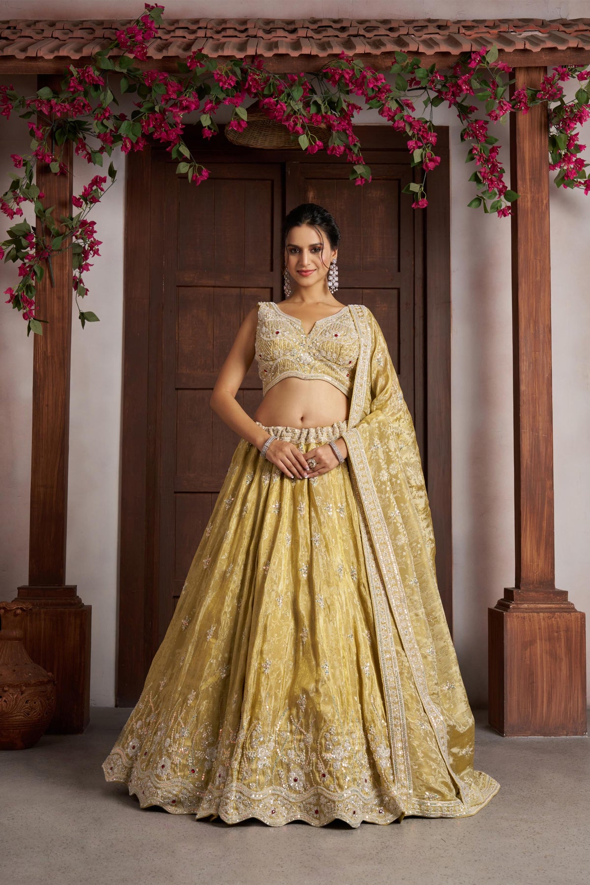 Yellow Zari Tissue Beaded & Thread Embroidered Haldi Lehenga for Bride