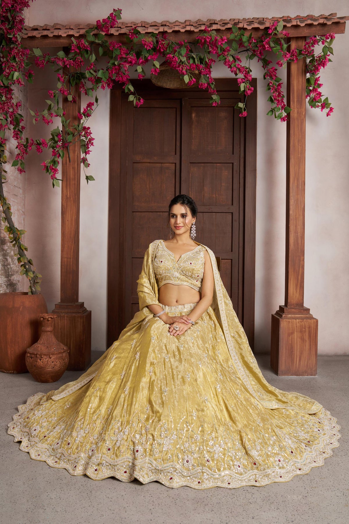 Yellow Zari Tissue Beaded & Thread Embroidered Haldi Lehenga for Bride