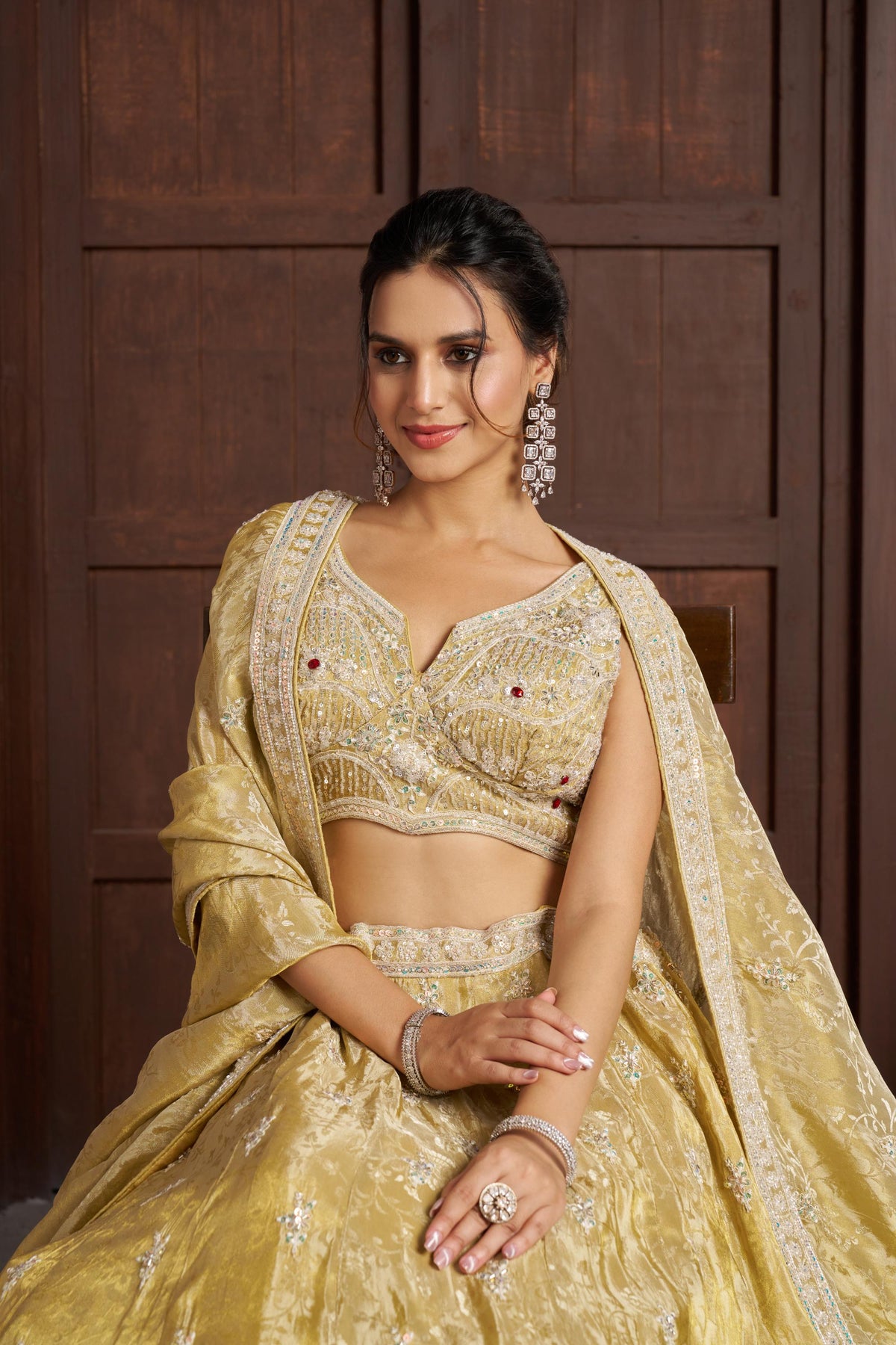 Yellow Zari Tissue Beaded & Thread Embroidered Haldi Lehenga for Bride