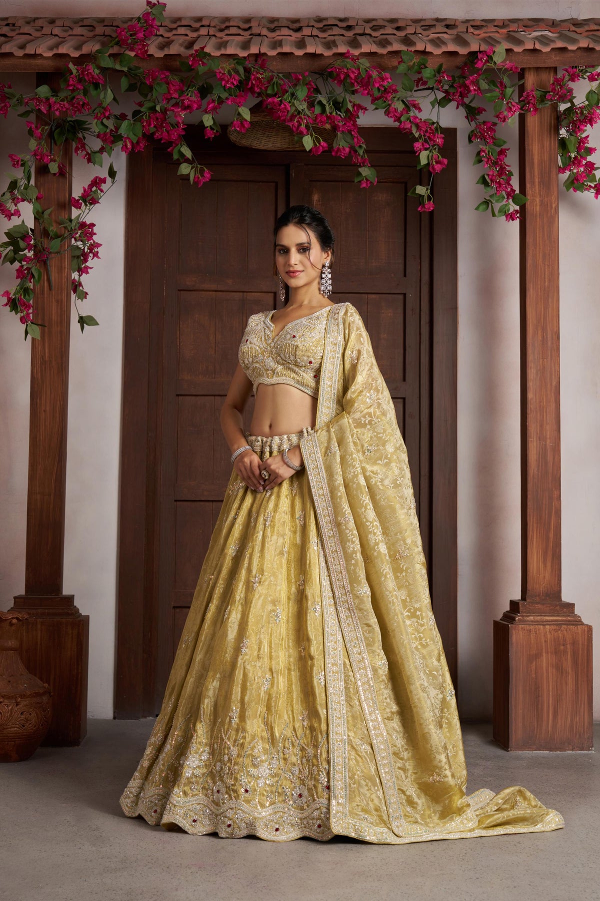 Yellow Zari Tissue Beaded & Thread Embroidered Haldi Lehenga for Bride