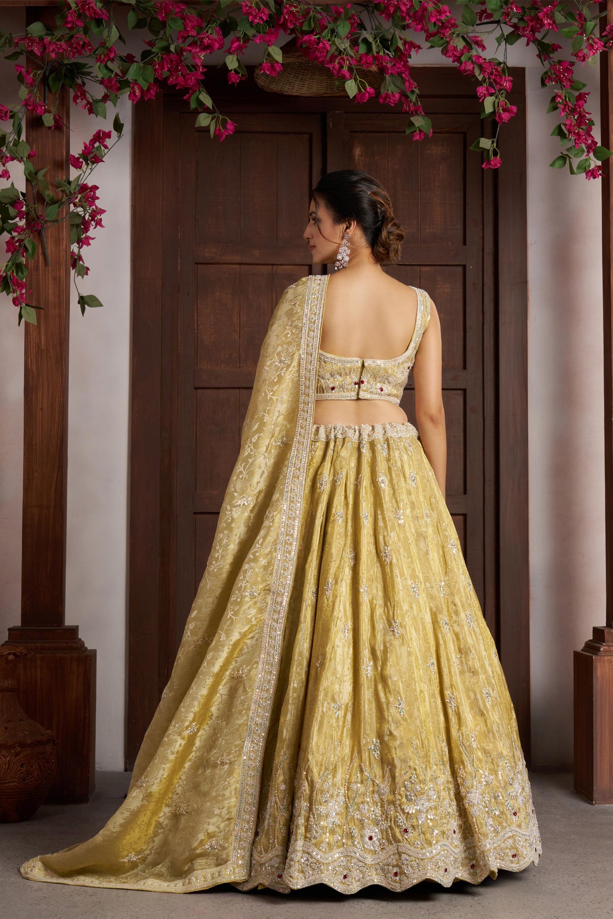 Yellow Zari Tissue Beaded & Thread Embroidered Haldi Lehenga for Bride