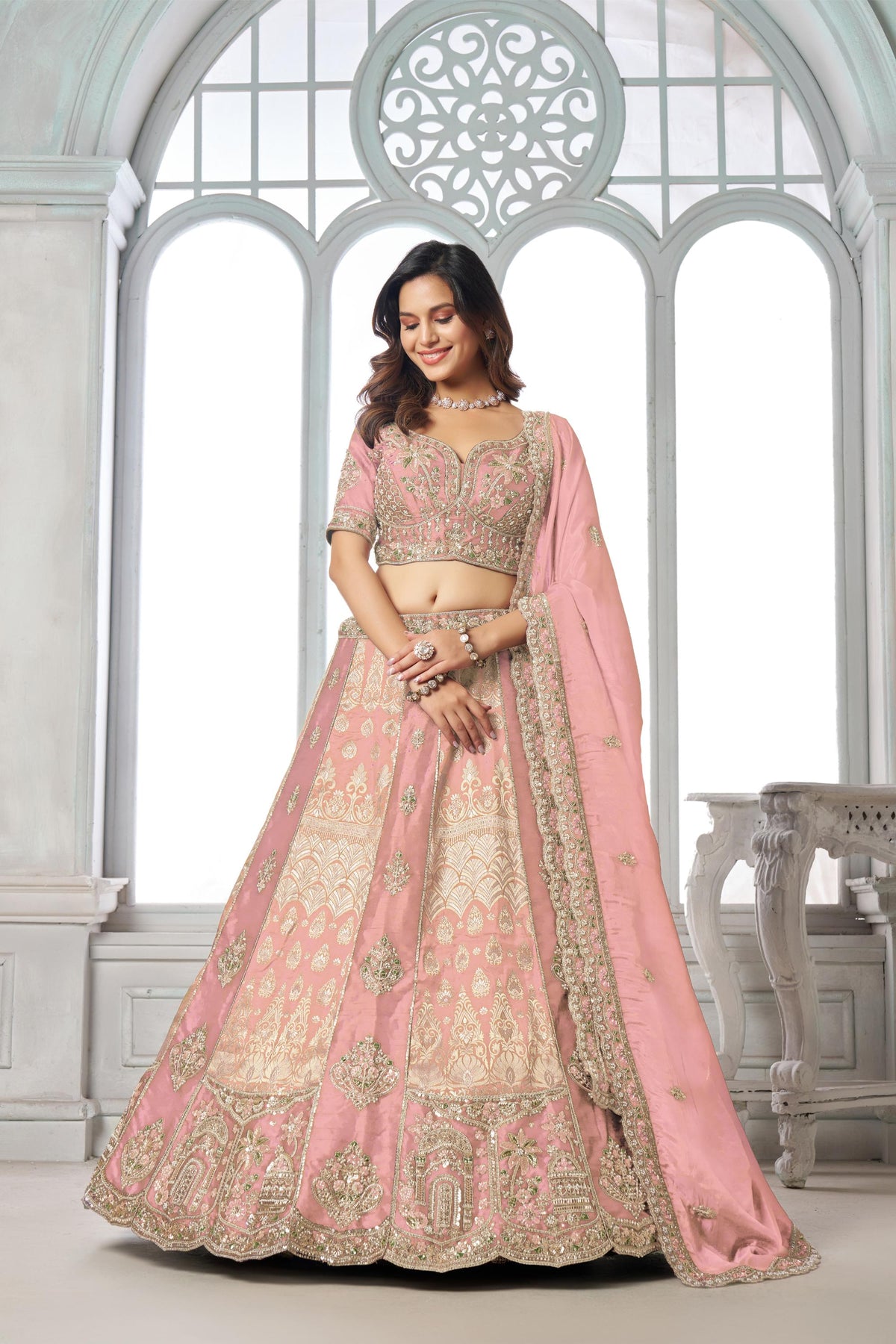 Pink Raw Silk Pearl & Sequin Embroidered Engagement Lehenga for Wedding