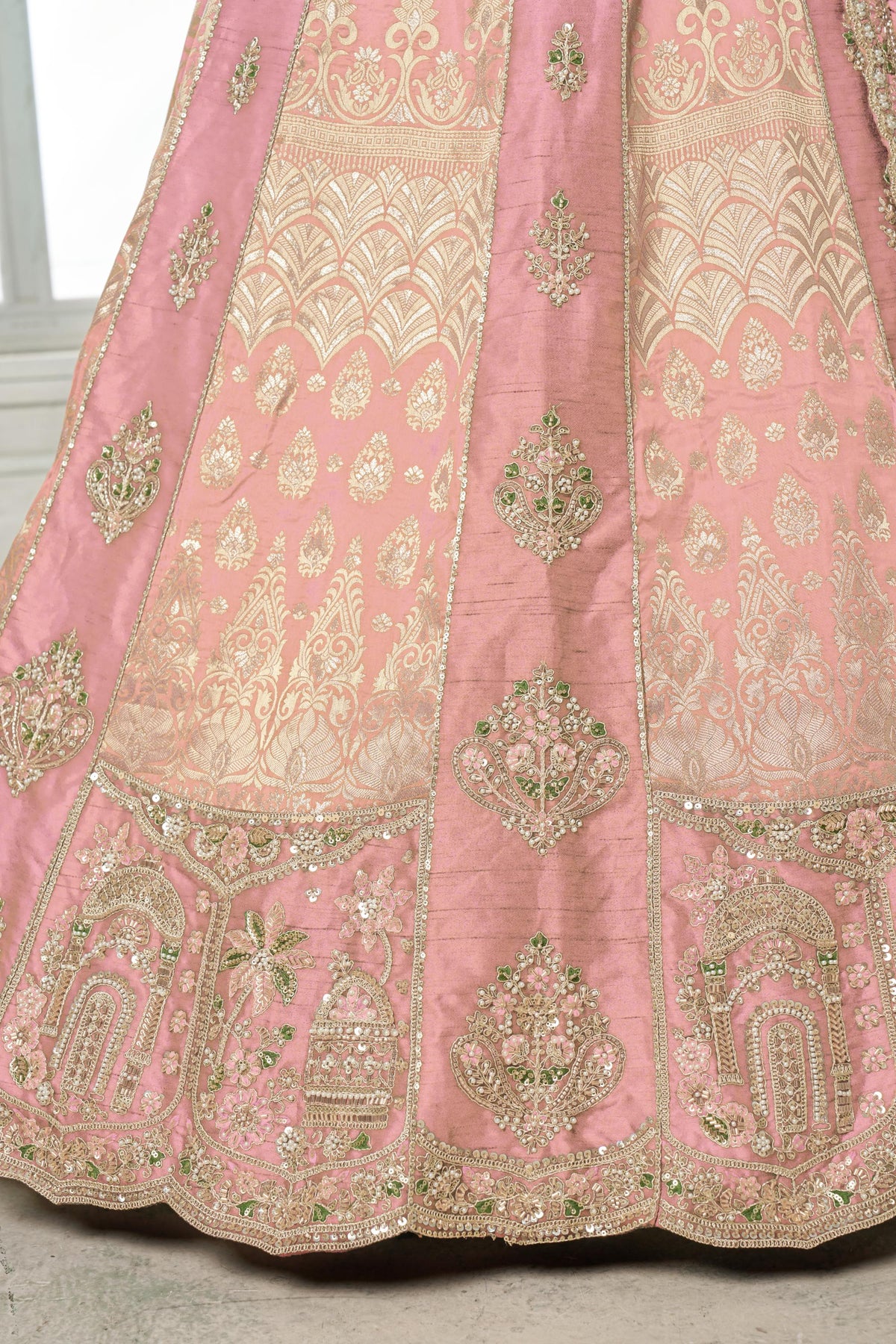 Pink Raw Silk Pearl & Sequin Embroidered Engagement Lehenga for Wedding