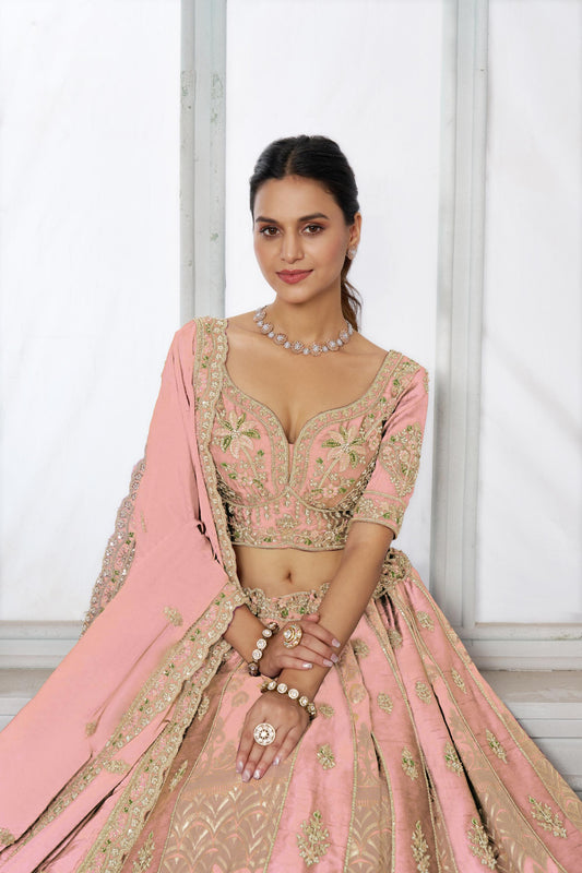 Pink Raw Silk Pearl & Sequin Embroidered Engagement Lehenga for Wedding