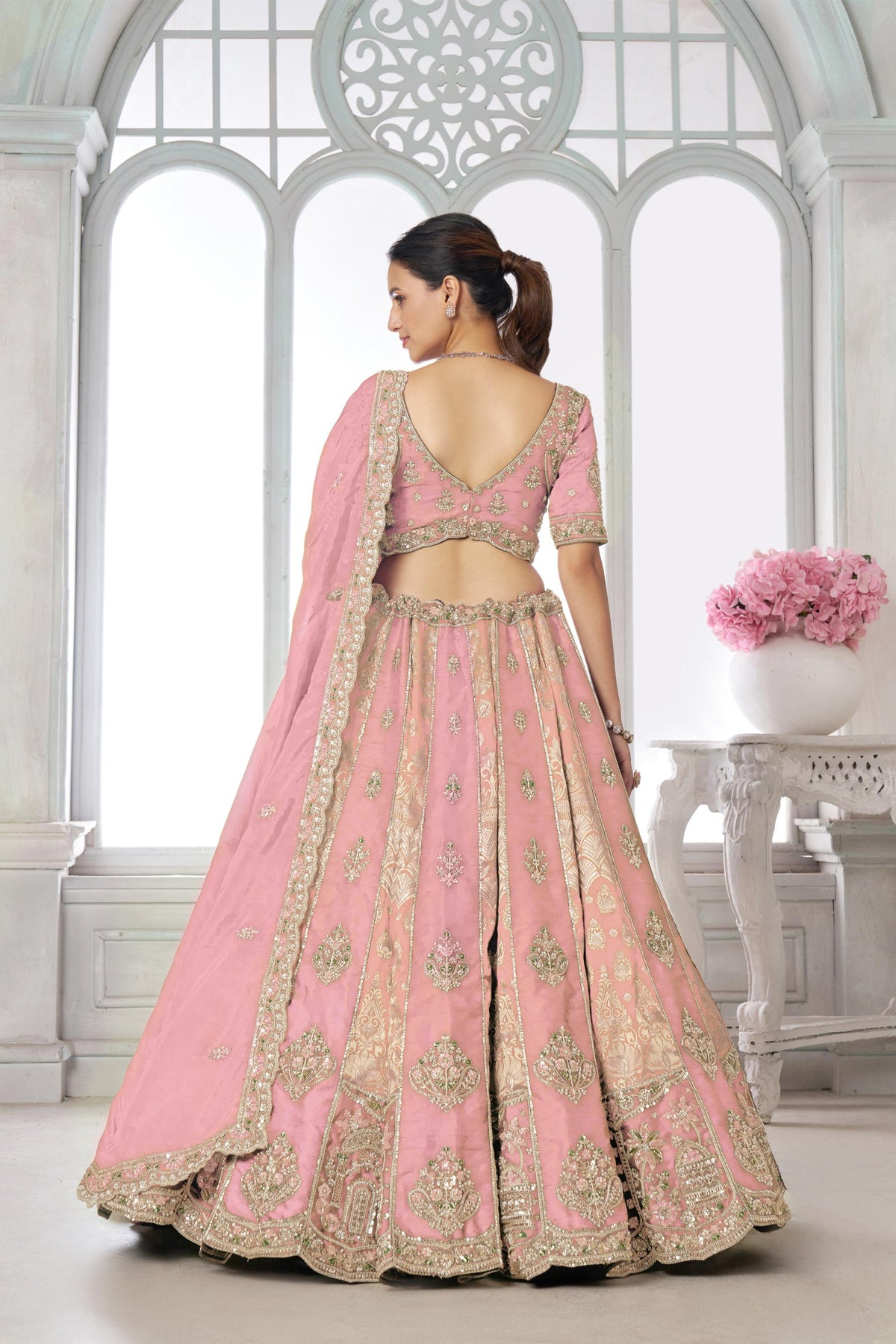 Pink Raw Silk Pearl & Sequin Embroidered Engagement Lehenga for Wedding