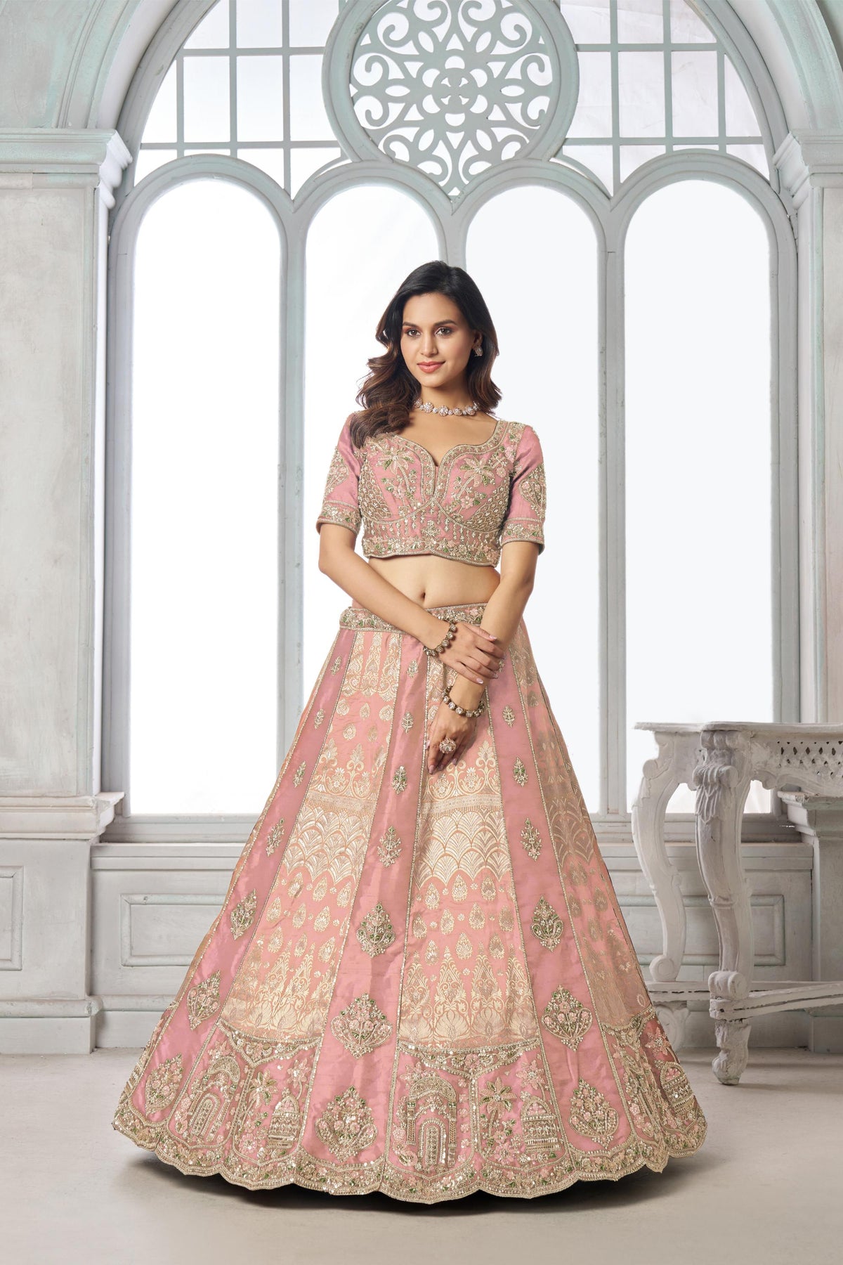Pink Raw Silk Pearl & Sequin Embroidered Engagement Lehenga for Wedding