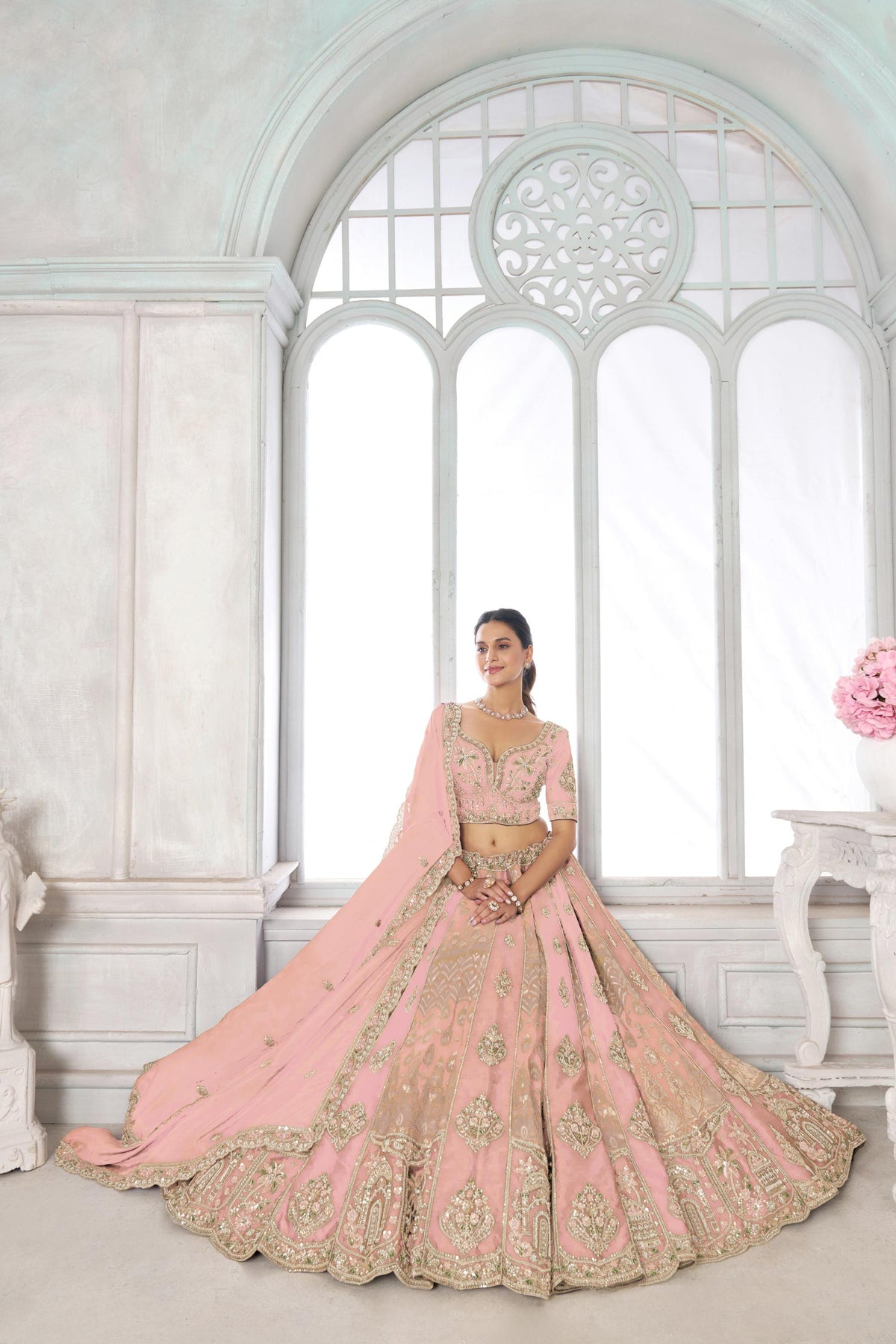 Pink Raw Silk Pearl & Sequin Embroidered Engagement Lehenga for Wedding