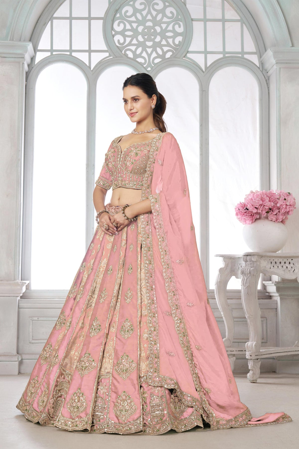 Pink Raw Silk Pearl & Sequin Embroidered Engagement Lehenga for Wedding