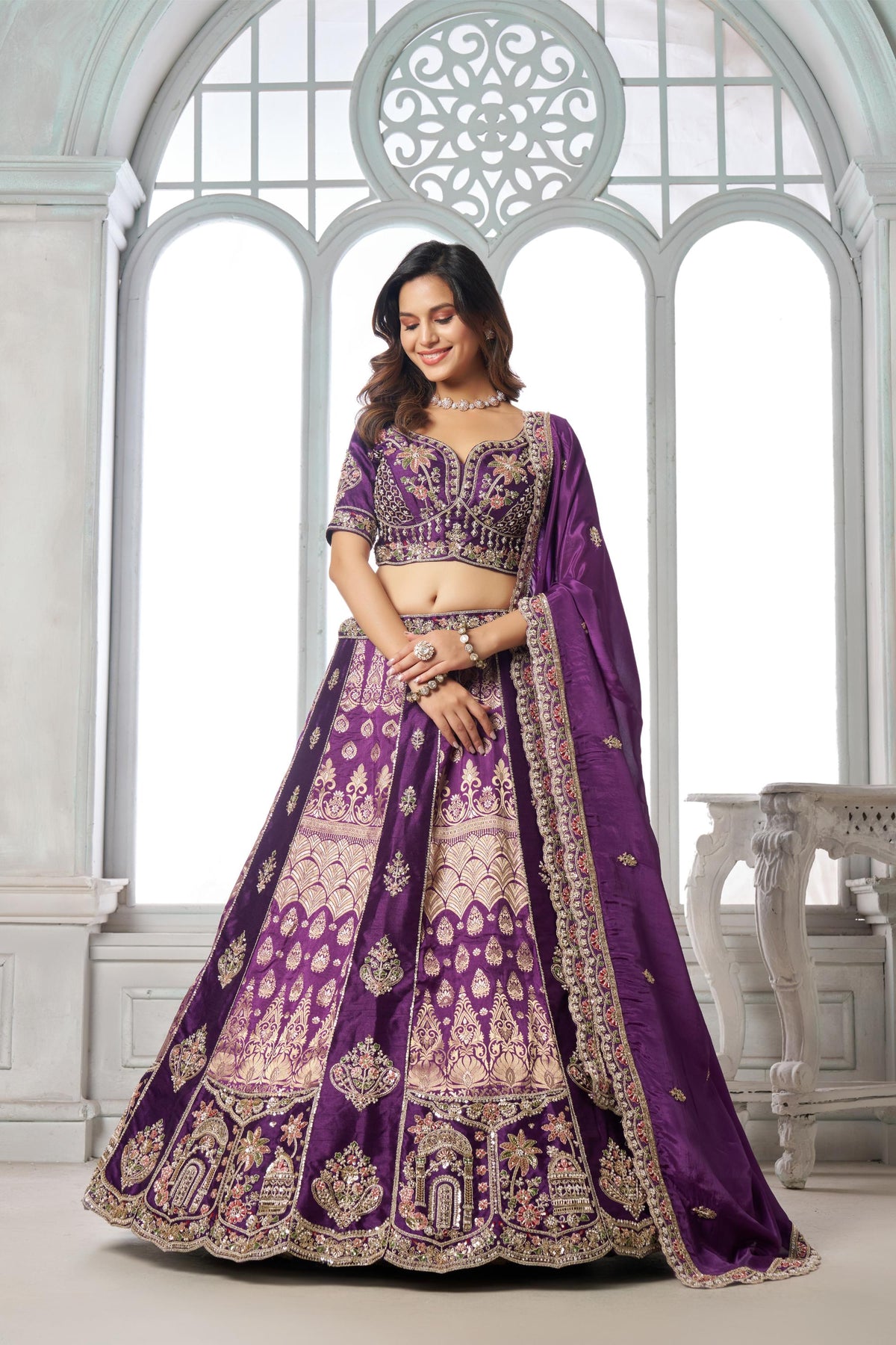 Purple Banarasi Silk Pearl & Sequin Embroidered Wedding Lehenga