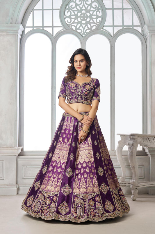 Purple Banarasi Silk Pearl & Sequin Embroidered Wedding Lehenga