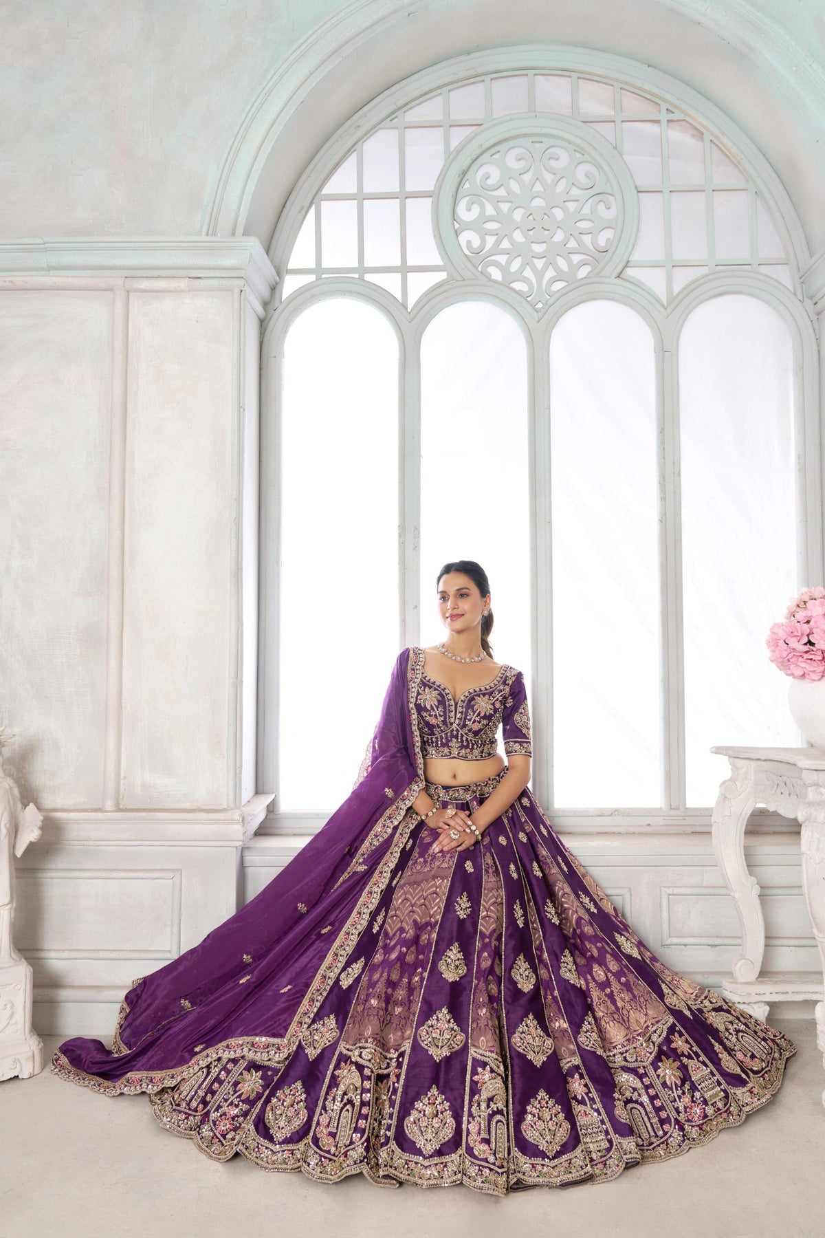 Purple Banarasi Silk Pearl & Sequin Embroidered Wedding Lehenga
