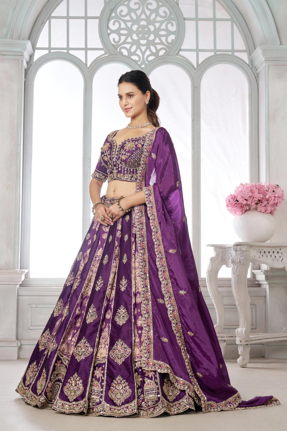 Purple Banarasi Silk Pearl & Sequin Embroidered Wedding Lehenga