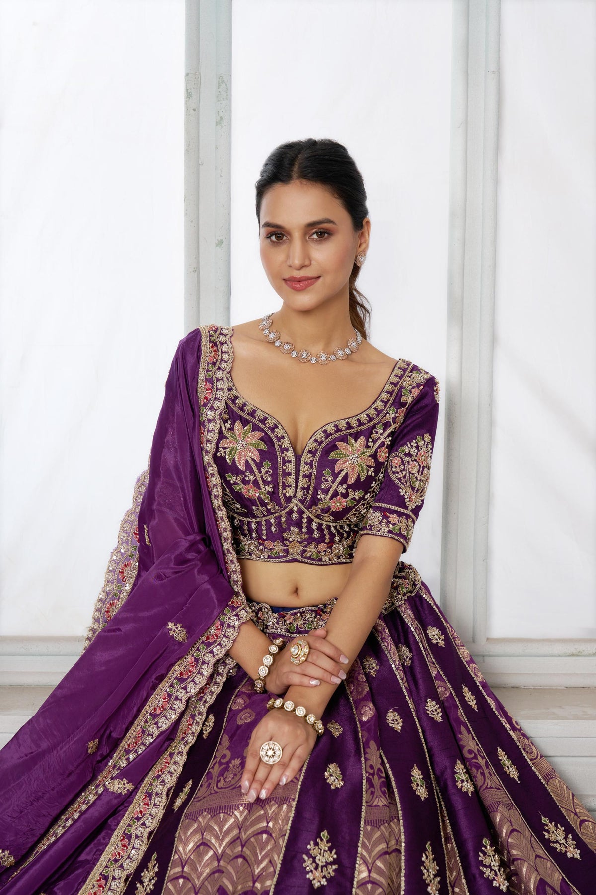 Purple Banarasi Silk Pearl & Sequin Embroidered Wedding Lehenga