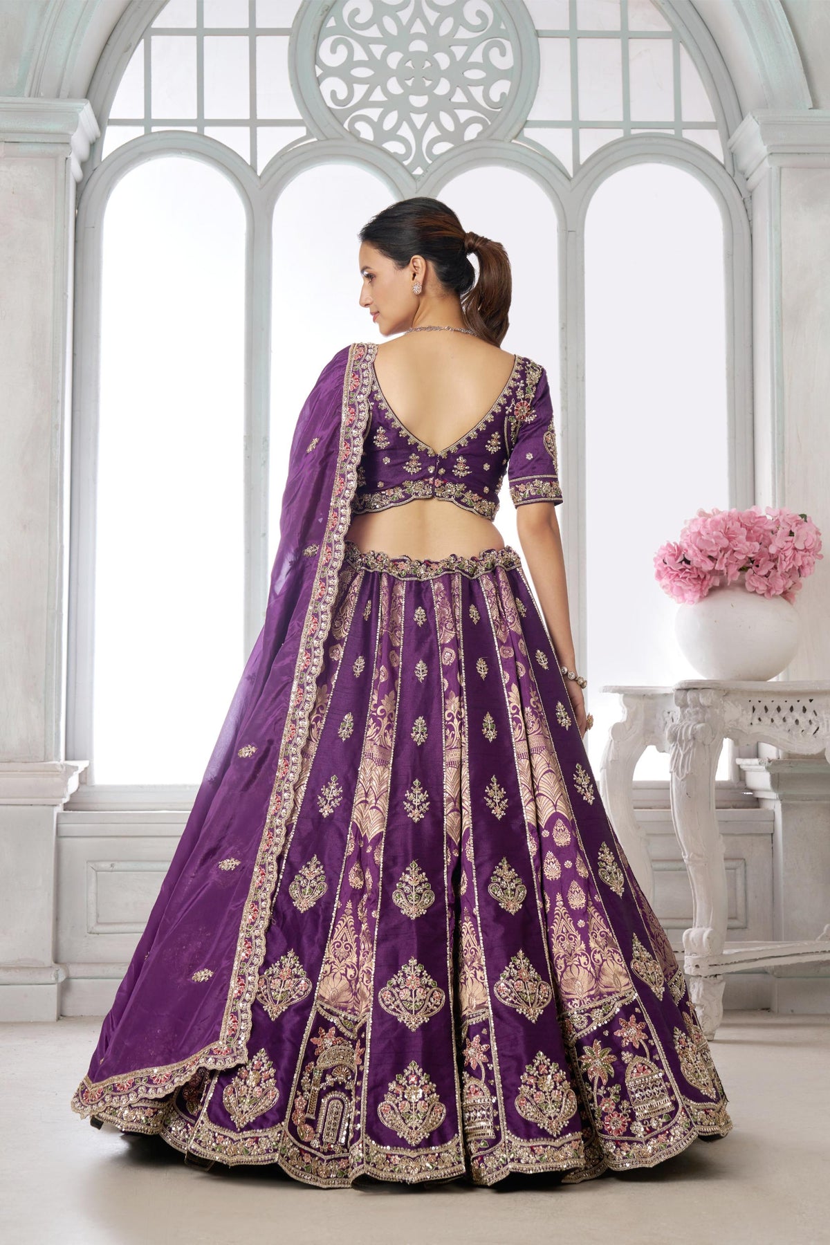Purple Banarasi Silk Pearl & Sequin Embroidered Wedding Lehenga
